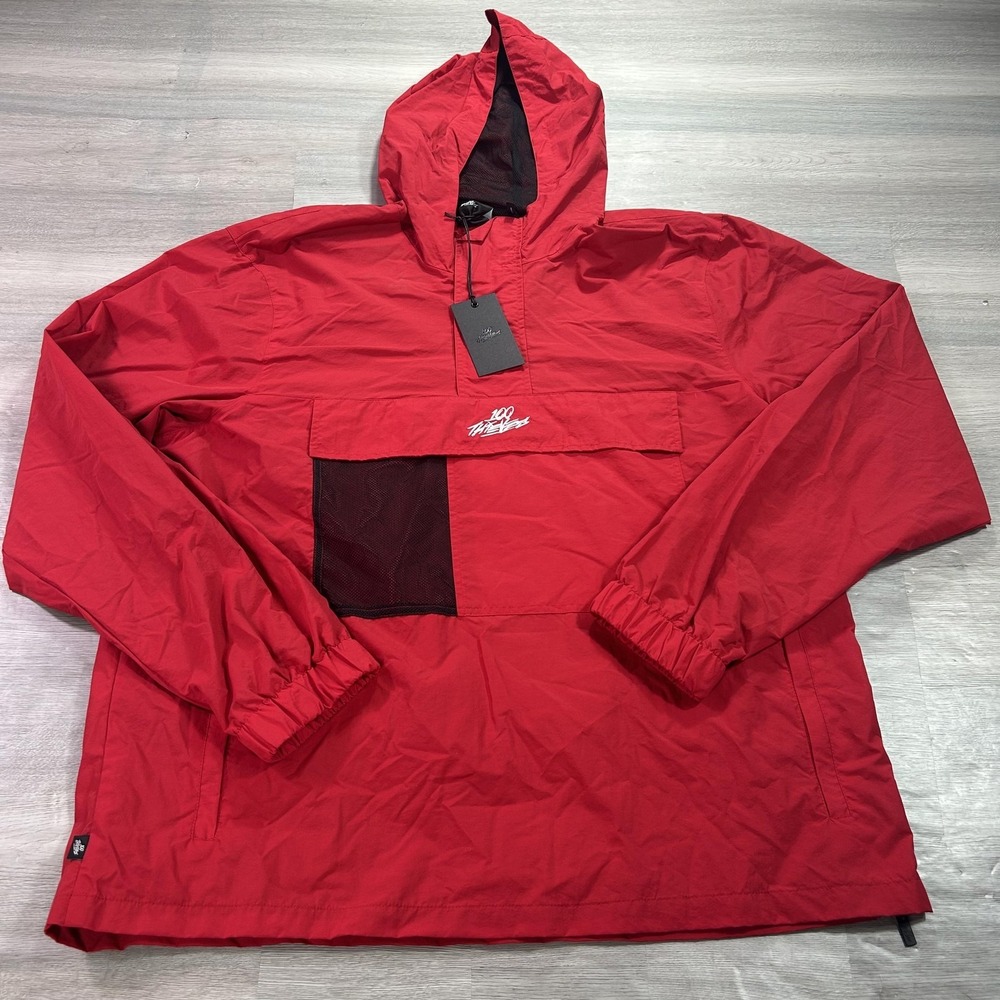 NEW 100 Thieves Jacket Mens XL Red Hooded Windbreaker Pullover Anorak Outdoor
